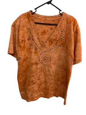 Womens Orange Tie-Dye Beaded V-Neck Short Sleeve T-Shirt Boho Hippie
